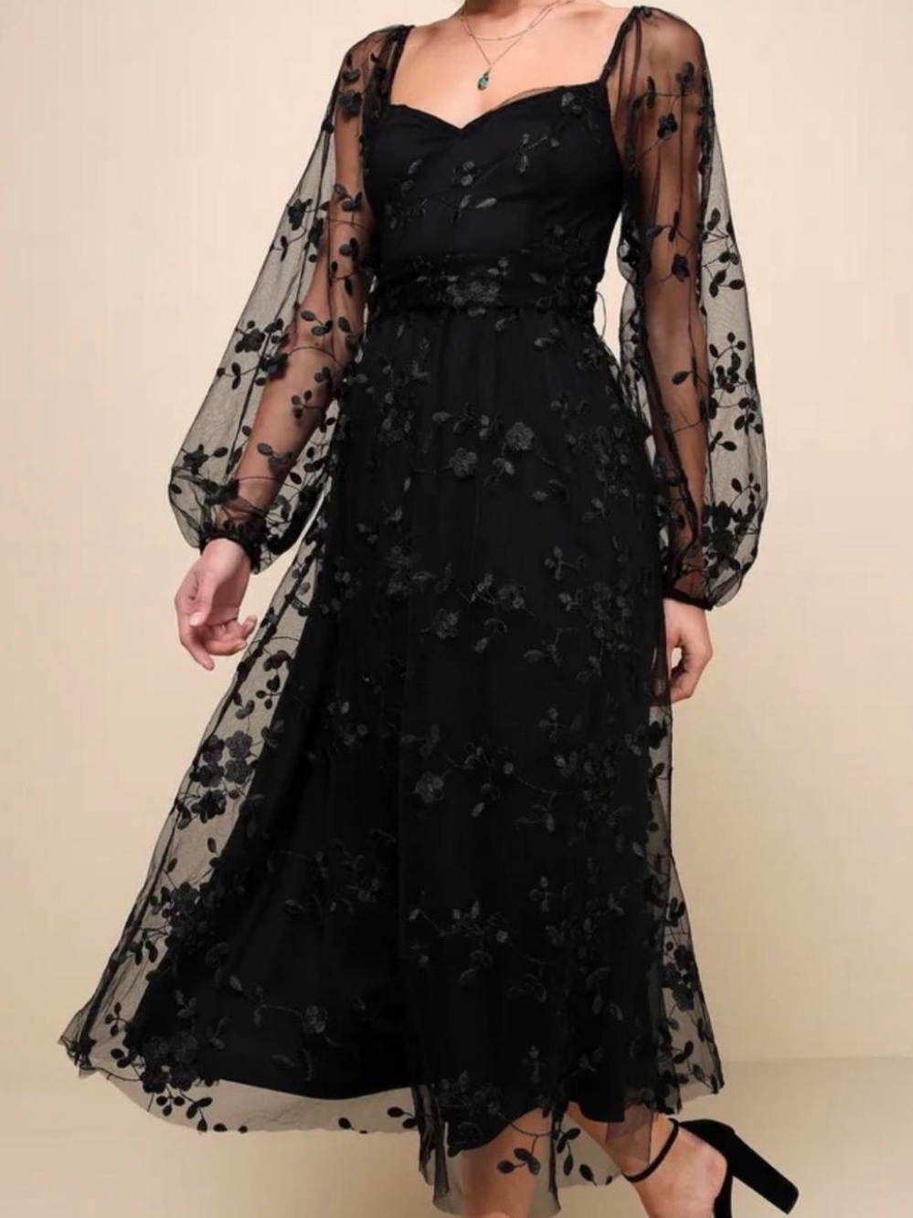 Lulu Darling Charisma Floral Embroidered Black Midi Dress